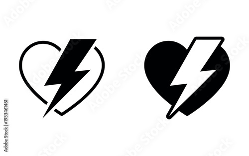 Two heart symbols with lightning bolts on a white background