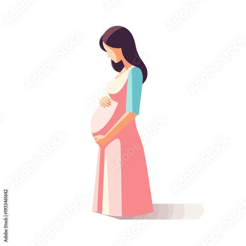 Pregnant Woman Touching Belly in Pink Dress.