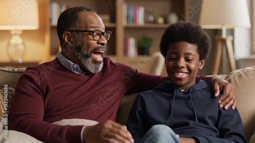 Young Boy Alongside his father comfortable couch man sitting together