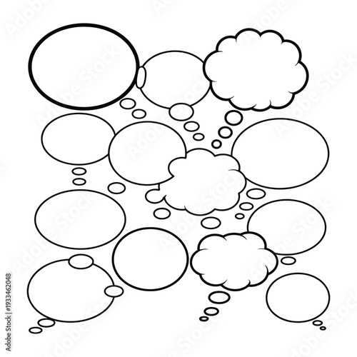 Thought Bubbles in Illustration: A cluster of thought bubbles, illustrated in a simple black and white style, ready to be filled with ideas, concepts, and dialogue. Perfect for conveying thoughts.