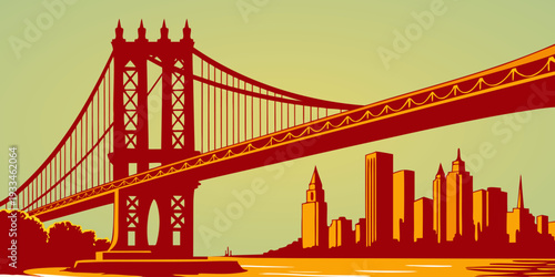 Iconic red suspension bridge with modern city skyline silhouette at sunset. Flat vector illustration for travel destination, urban landmark, architecture and tourism promotion.