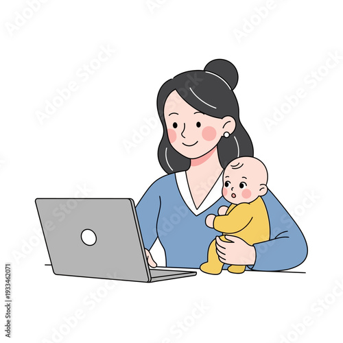 Mother Working on Laptop with Baby.