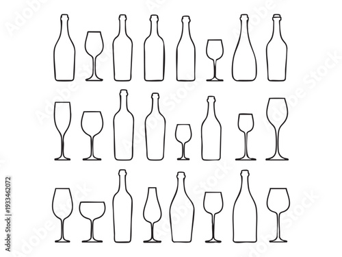 set of line art wine bottles and glasses