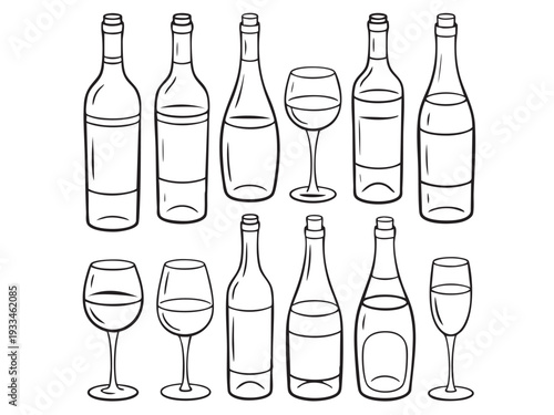 set of line art wine bottles and glasses