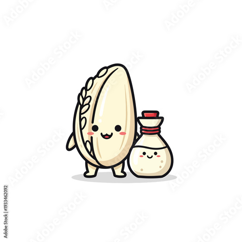 Cute cartoon rice grain character stands happily with a smiling condiment bottle on a clean white background.