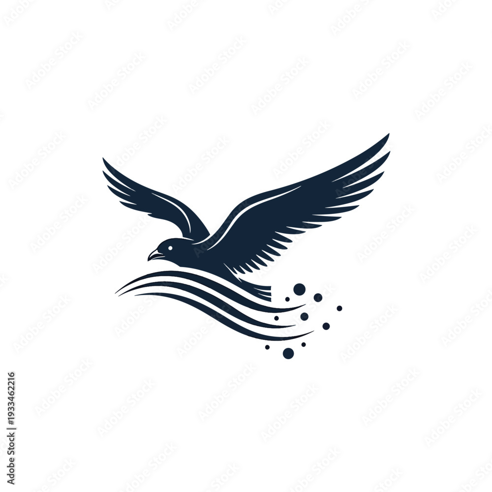 Obraz premium Majestic Flying Bird Over Stylized Ocean Waves and Water Splashes Vector Artwork