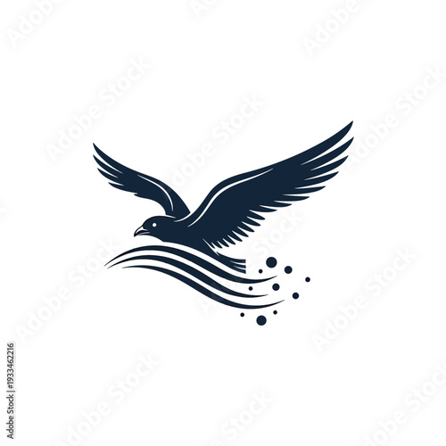 Majestic Flying Bird Over Stylized Ocean Waves and Water Splashes Vector Artwork