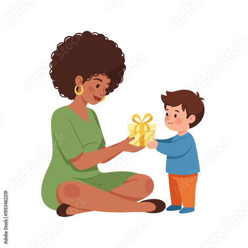 Woman Receiving Gift from Young Boy.