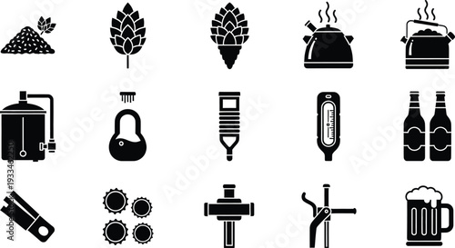 Set of black silhouette icons depicting the complete craft beer brewing process stages