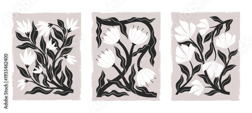 Nordic Scandinavian linocut vector floral set.Botanical artwork with wildflowers.Romantic vintage flower prints with subtle gothic aesthetic for wall decor,branding,stationery,patterns,textiles