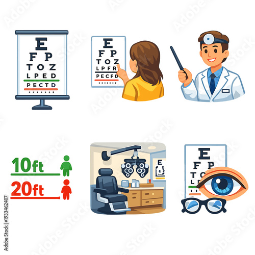 Optometrist tools and patient in eye examination clinic setting