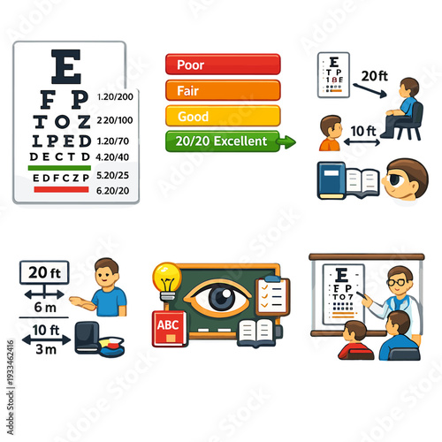 Illustrated vision test concepts with eye charts and examination icons