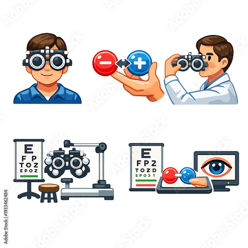 Optometrist tools and vision test symbols for eye examination concepts