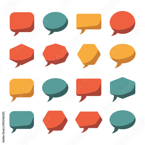 Speech Bubble Array: An organized array of multi-colored speech bubbles designed for messaging, communication, and conveying ideas.