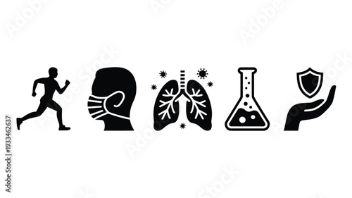 A set of black and white vector icons representing health and wellness concepts, including a running person, a face with a mask, lungs with germs, a beaker, and a shield on a hand.