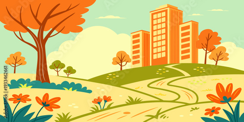 Urban park with autumn trees, pathway and city buildings in background. Flat vector illustration for seasonal design, outdoor recreation, eco lifestyle and urban planning.