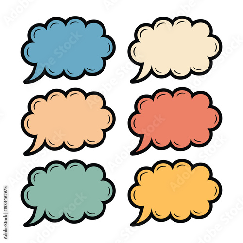 Speech bubble cloud illustration: A series of six hand-drawn speech bubble clouds, each uniquely colored and outlined, evoke a retro-cartoon feel