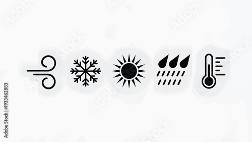A set of minimalist weather icons featuring wind, snowflake, sun, rain and thermometer in a flat design vector illustration, perfect for representing different weather conditions.