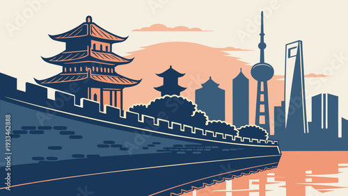 Contrast of Ancient Chinese Architecture and Modern Asian Metropolis Skyline Over Water Representation shanghai skyline vector