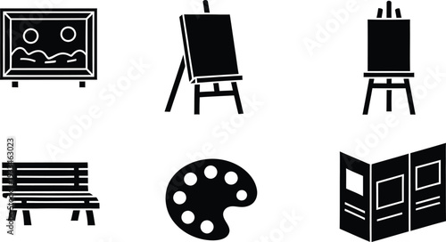 Set of six black and white icons representing art gallery and exhibition elements for design