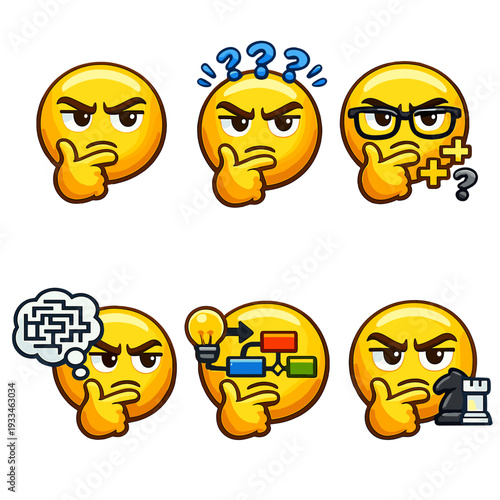Variety of thinking emojis with different symbols and expressions on a brown background