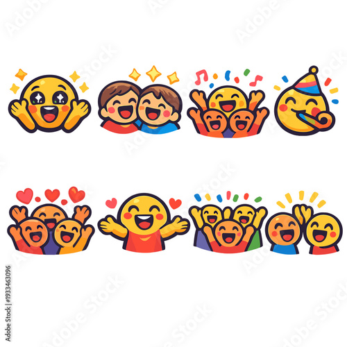 Colorful emoji faces expressing joy and celebration