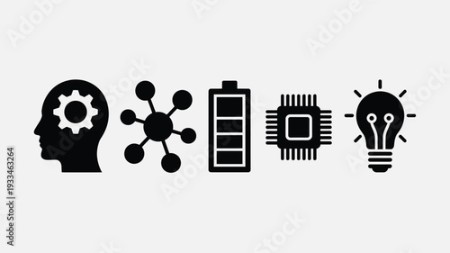 A minimalist silhouette illustration featuring a human head with a gear, molecule, battery, microchip, and light bulb, representing innovation and technology in a flat design vector graphic.