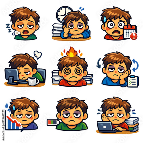 Cartoon emojis displaying burnout symptoms in office settings