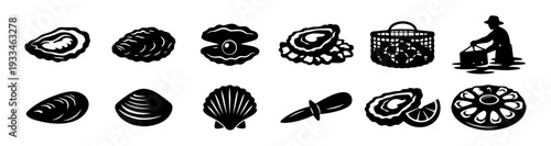 Oyster and Shellfish Silhouettes Set – Gourmet Seafood Vector Icons Collection