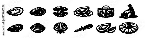 Oyster and Shellfish Silhouettes Set – Gourmet Seafood Vector Icons Collection