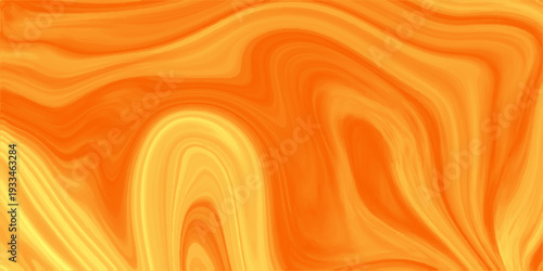Vibrant orange liquid marble texture background with fluid yellow swirls, abstract acrylic paint splash pattern