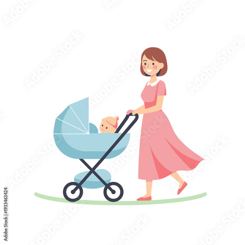 Woman Pushing Baby Stroller with Infant.