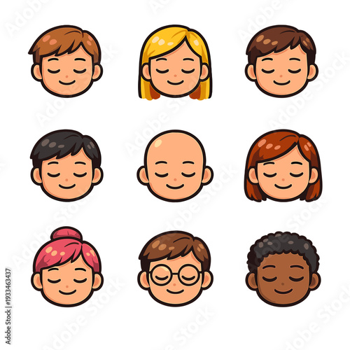 Diverse cartoon faces with different hairstyles and skin tones