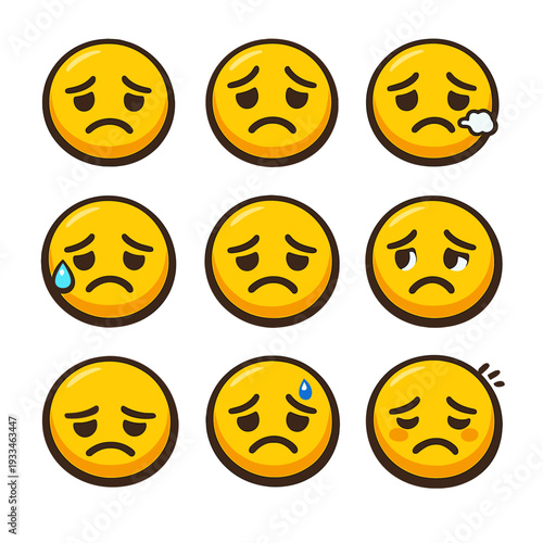 Nine sad emojis expressing various levels of disappointment and sadness