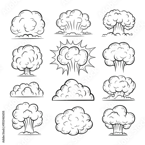 Explosion Illustration: An illustrative display of diverse explosion shapes, showcasing dynamic power and impact through unique smoke cloud formations.