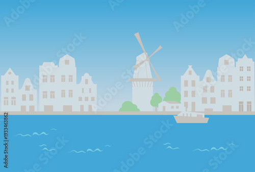 City minimalist landscape background. River in big European city with architecture at the skyline.