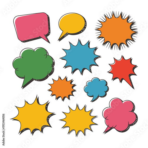 Dynamic Discourse Bubbles: A vibrant collection of comic-style speech bubbles bursts with energy and expression, ready to convey thoughts, ideas, and dialogues in a bold and engaging manner.