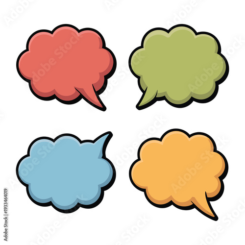 Multicolor Speech Bubbles: A vibrant collection of four speech bubbles in various colors, perfect for conveying thoughts, ideas, and messages in a visually appealing way.