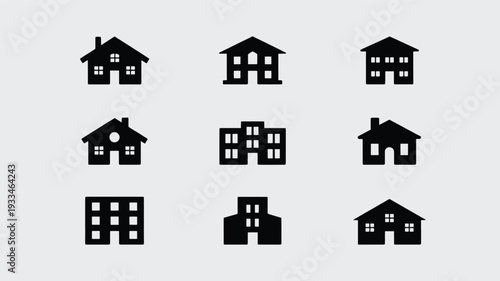 A set of nine simple black house icons on a light gray background, perfect for use in architectural designs, real estate websites, or urban planning projects.