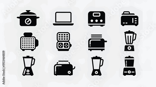 A minimalist vector illustration featuring a collection of kitchen appliances and electronics in a flat design style, perfect for use in cooking, recipe, or technology-related projects.