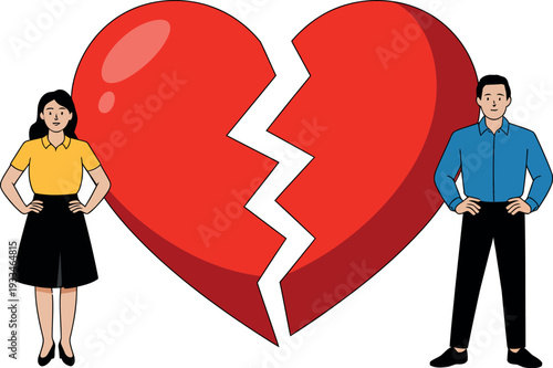 A cartoon illustration of a broken heart with a man and woman standing on either side, symbolizing a romantic relationship gone wrong.