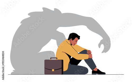 A man sits on the floor with a briefcase next to him, overcome with anxiety and stress as a large shadow looms over him.