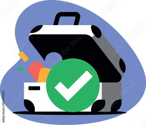 A graphic illustration of a briefcase with a green checkmark indicating successful business travel or approved luggage.