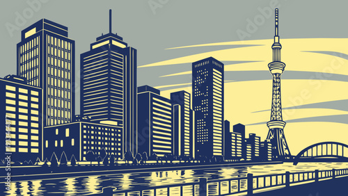 Stylized Cityscape with Tall Communication Tower and Riverfront Buildings at Dusk or Dawn Scene tokyo skyline vector
