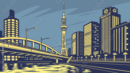 Urban Landscape with Modern Tower and Bridge at Twilight in a Pop Art Style City Scene tokyo skyline vector