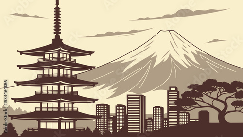 Traditional Asian Pagoda Structure Contrasting Modern City Skyline and Majestic Volcanic Mountain Landscape Scenery tokyo skyline vector