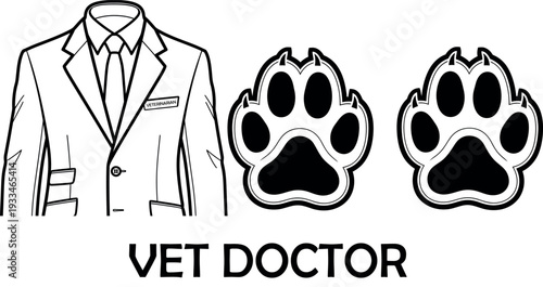 Vet doctor silhouette illustration with suit and animal paw prints