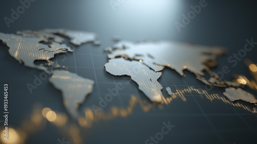 Global economy and finance background featuring illuminated world map combined with flowing data lines, investment graphs, monetary indicators and international market intelligence cinematic color