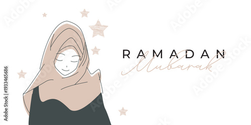 Ramadan Mubarak greeting card with woman in hijab and stars