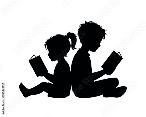 A silhouette of a boy and girl sitting back to back reading books